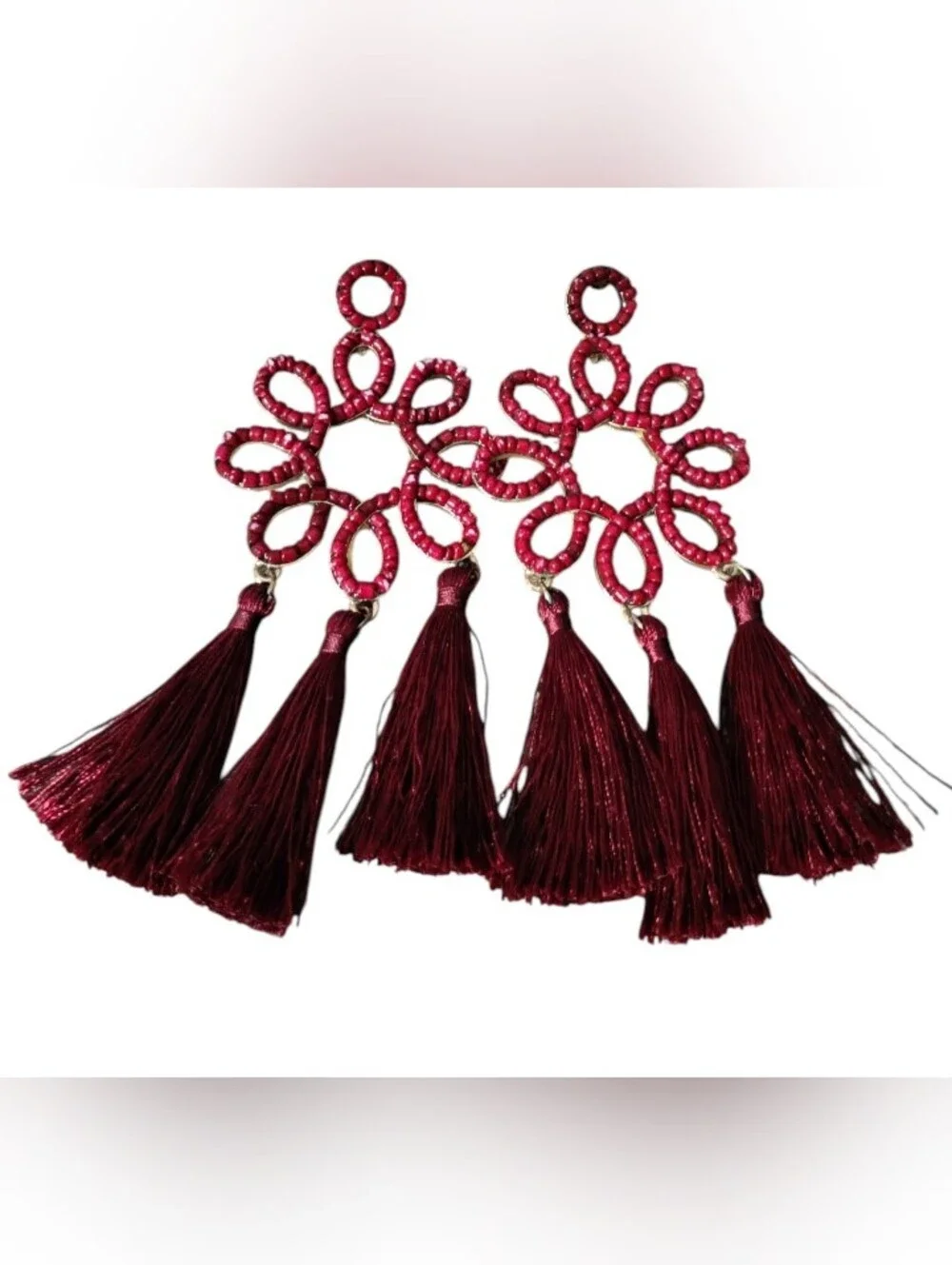 Burgundy Tassel Flower Drop Earrings
